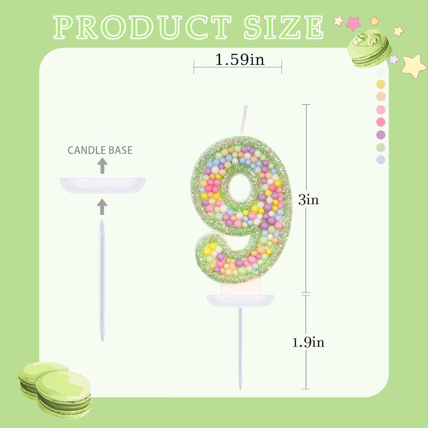 Birthday Candles - Number 9 Candle, Colorful Macaron Candles for Boys/Girls, Green Cake Decorations, Dinosaur Themed Party Supplies