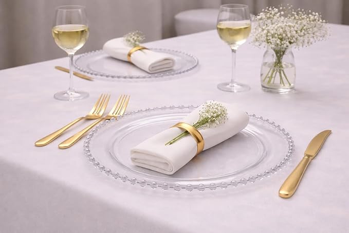 PLASTICPRO Clear Plastic Charger Plates with Beaded Edge – Pack of 4 – 13" Elegant Round Disposable Chargers for Weddings, Events, Parties, and Dinners