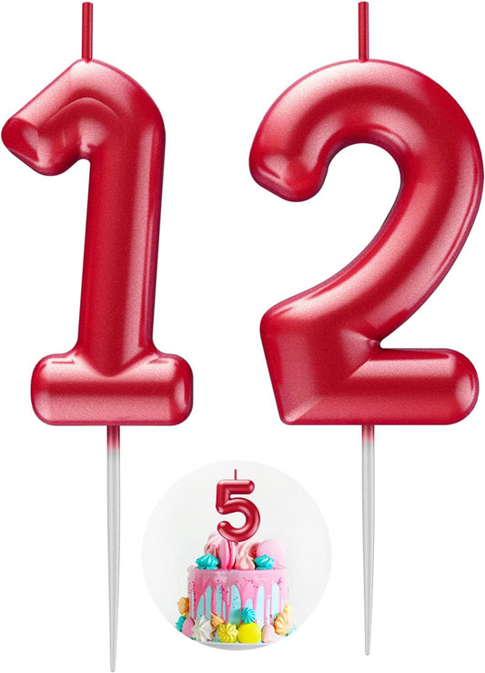 Red Number 12 Candle Happy Birthday 3D Number Candles for Birthday Cake Party Decoration Wedding Anniversary Celebration Supplies
