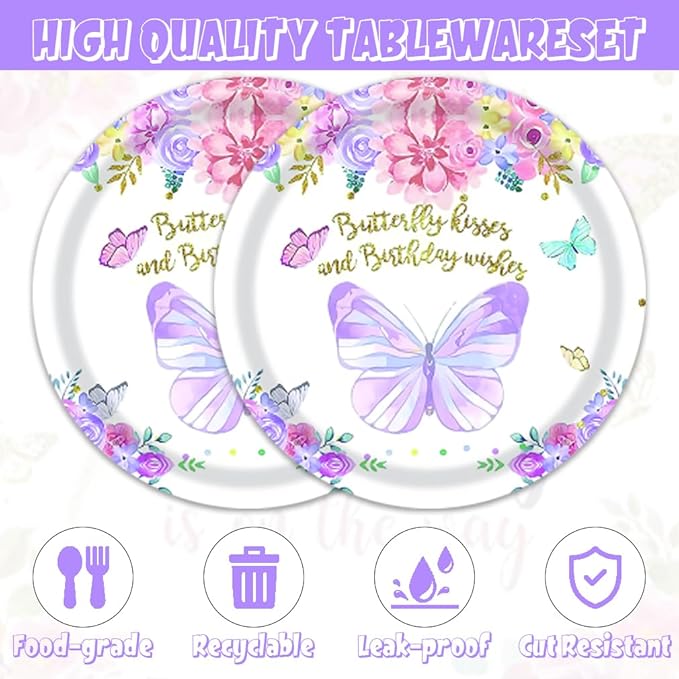 40pcs Butterfly Birthday Decorations Butterfly Tableware Paper Plates and Napkins for Girls Birthday Party Baby Shower