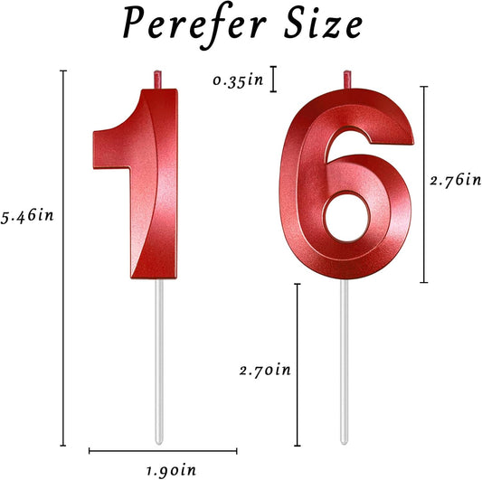 Red Number 16 Candles, 3D Diamond 2.76 Inch Cake Topper Birthday Candles for Wedding Anniversary Cake Decorations, Happy Birthday Party Decorations
