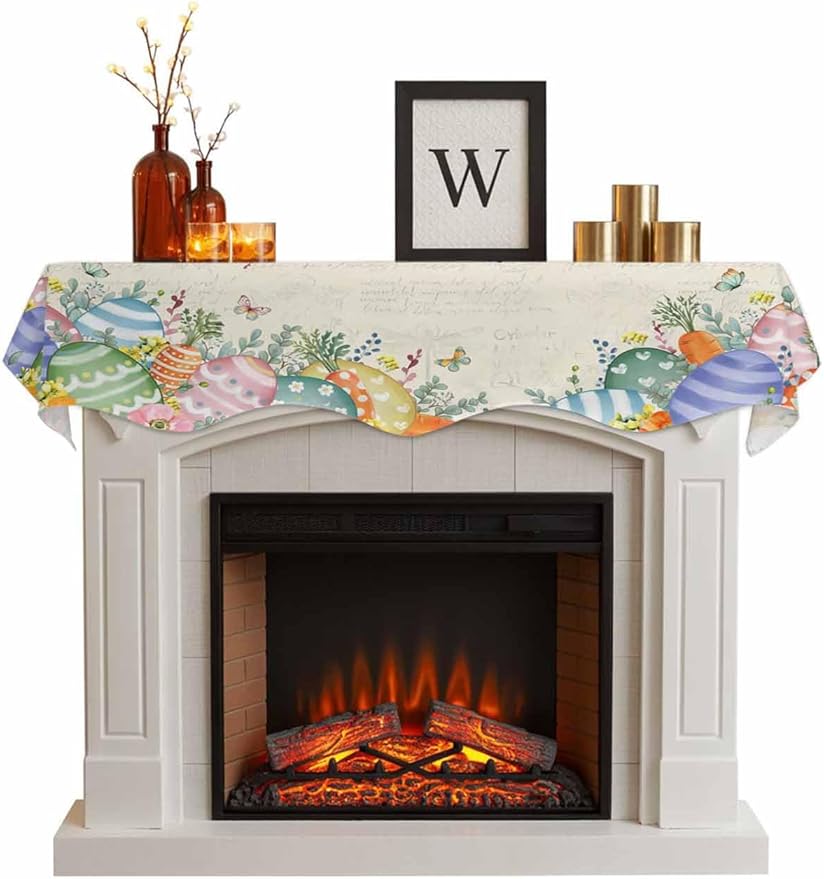 Easter Eggs Fireplace Mantel Scarf Table Runner, Farmhouse Spring Botanicals Plants Butterfly Winter Garland Mantel Top Tablerunners Dresser Scarves Cover for Windows Party Living Room 60''x17''