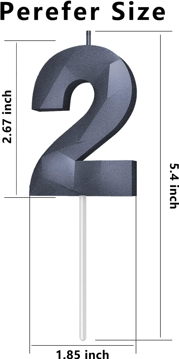 Number Birthday Candles(2 Candle Black) 3D Diamond Shape 2nd Happy Birthday Cake Topper Decorations for Boy Men Birthday Wedding Anniversary Celebration Theme Party Supplies