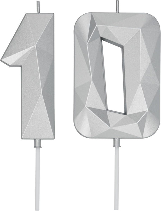 DERVENTA Birthday Candle Big Number 3D Silver 3.7 inch Party Celebration Anniversary Decoration Cake Topper 1 Piece (Number 10 Silver)