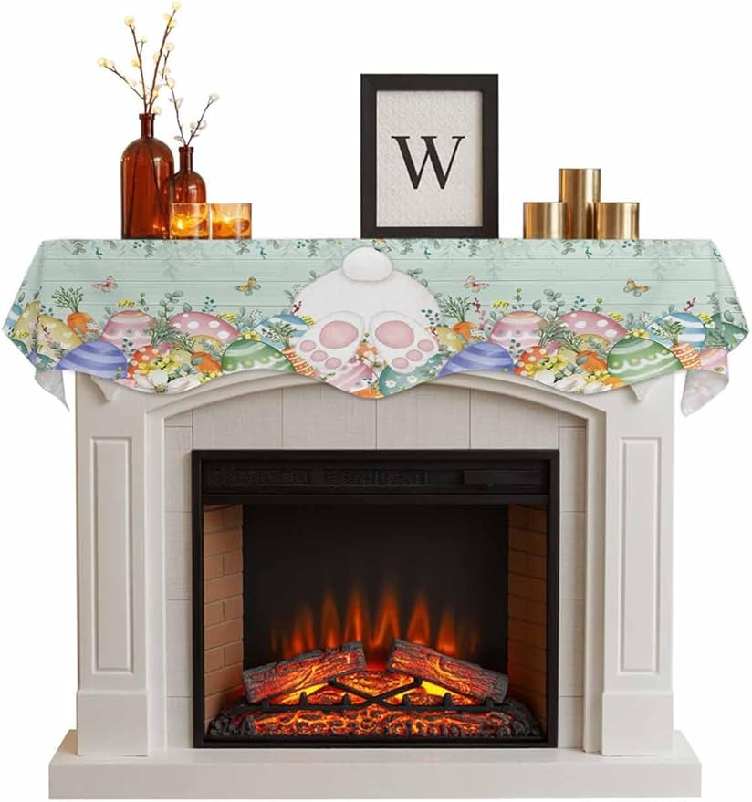 Cute Easter Bunny Fireplace Mantel Scarf Table Runner, Eucalyptus Leaves Colorful Eggs Teal Wooden Winter Garland Mantel Top Tablerunners Dresser Scarves Cover for Windows Party Living Room 60''x17''