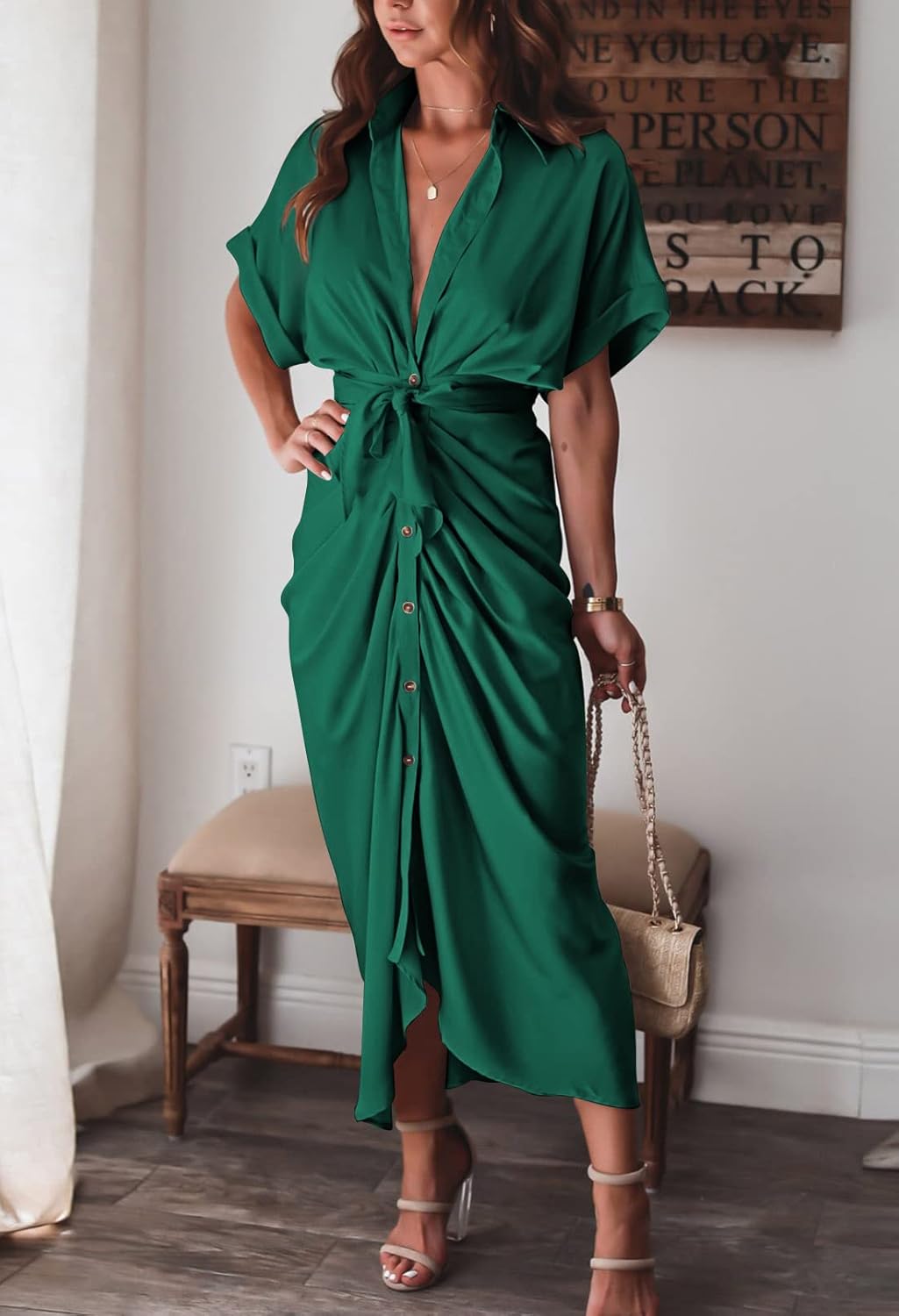 Women Elegant Satin Button Down Short Sleeve Maxi Shirt Dress with Belt