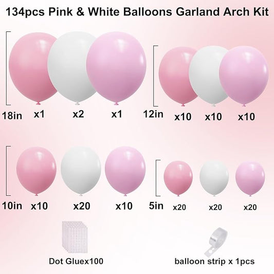 YMSZ Pink and White Balloons Arch Kit, 134pcs Light Pink and White Balloons for Wedding, Bridal Shower, Baby Shower, Birthday, Valentines Party Decorations