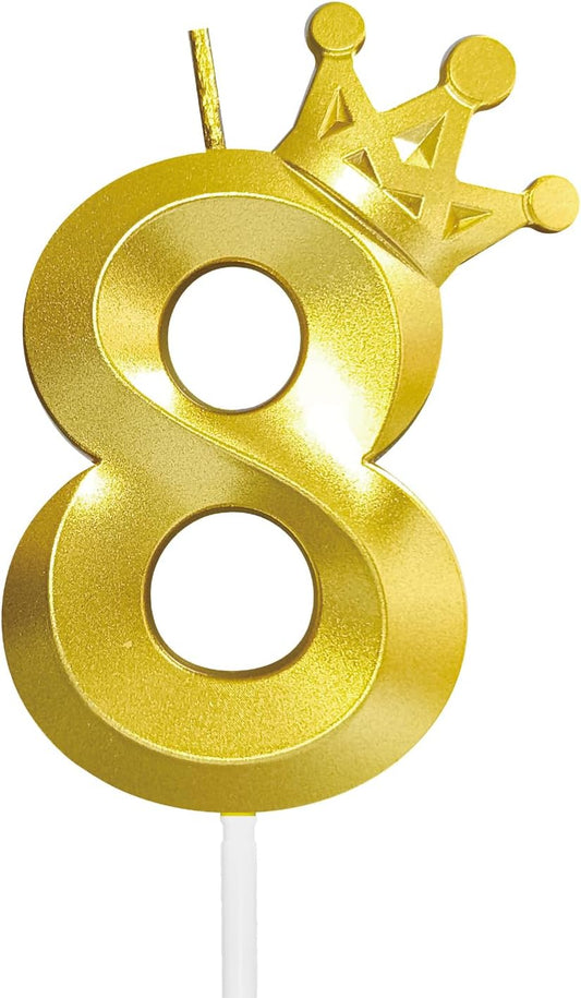 Number 8 Birthday Candle Eight Years Old Happy Birthday Number Candles Cake Topper Decorations 3D Crown (Crown-8, Gold)