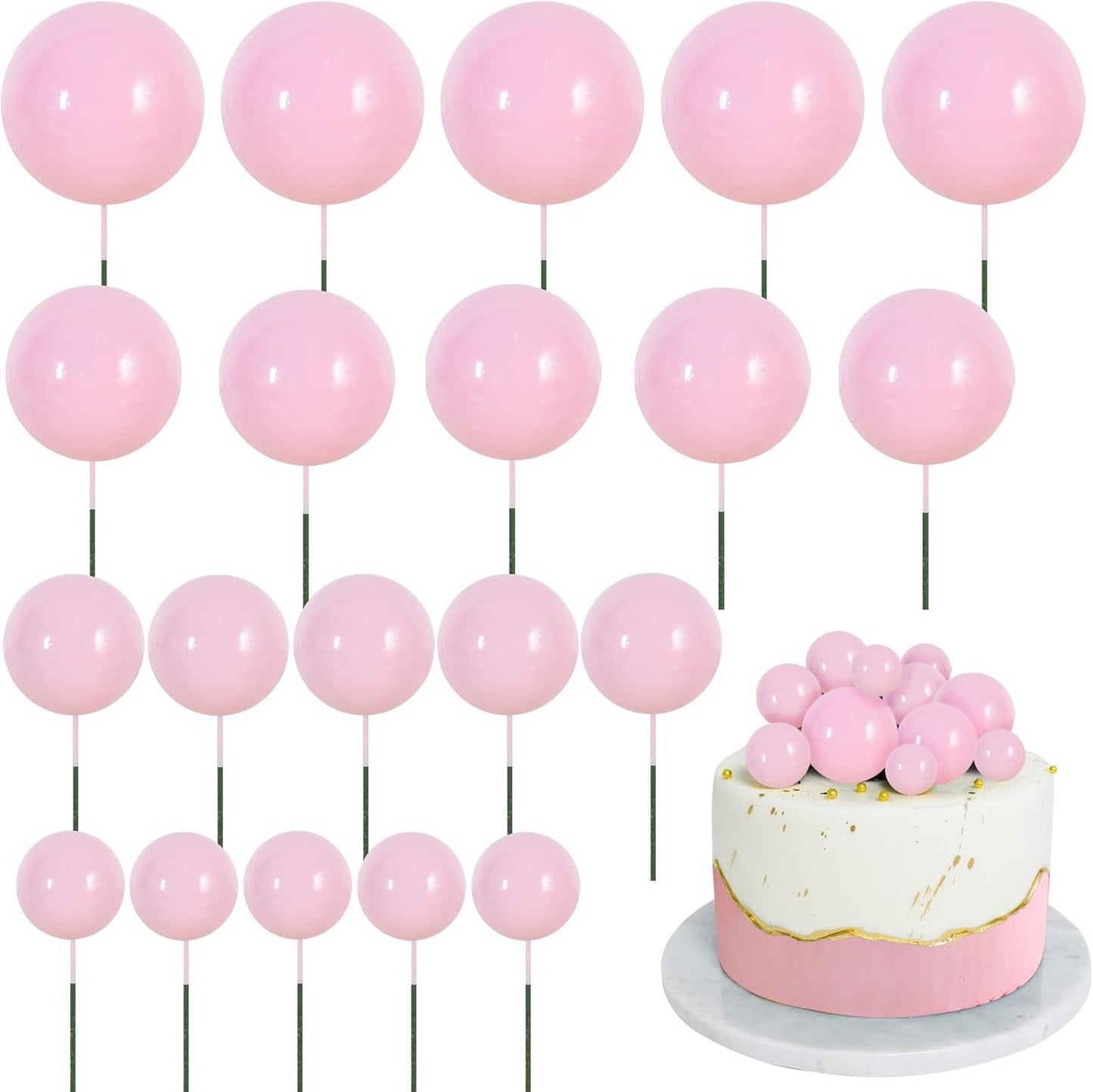 BEISHIDA 20 PCS Pink Mini Ball Cake Toppers Foam Cake Balls Decoration Supplies for Happy Birthday Anniversary Wedding Baby Shower Graduation Christmas Valentines Cake Decorations