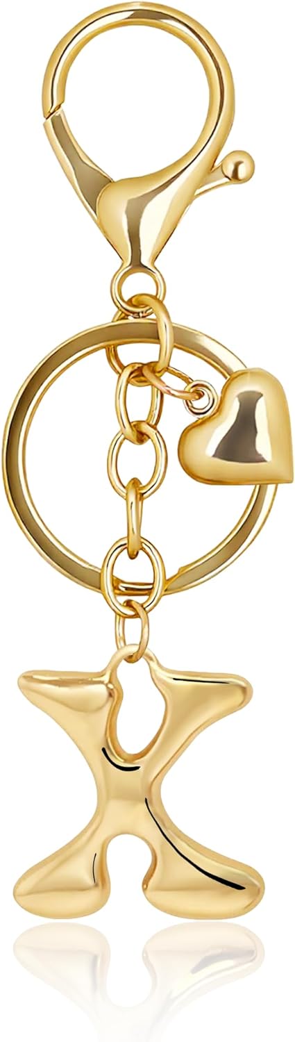 Gold Bubble Heart Initial Bag Charms for Handbags – Cute Initial Letter Keychain for Women, Purse Charms, Gold Gift