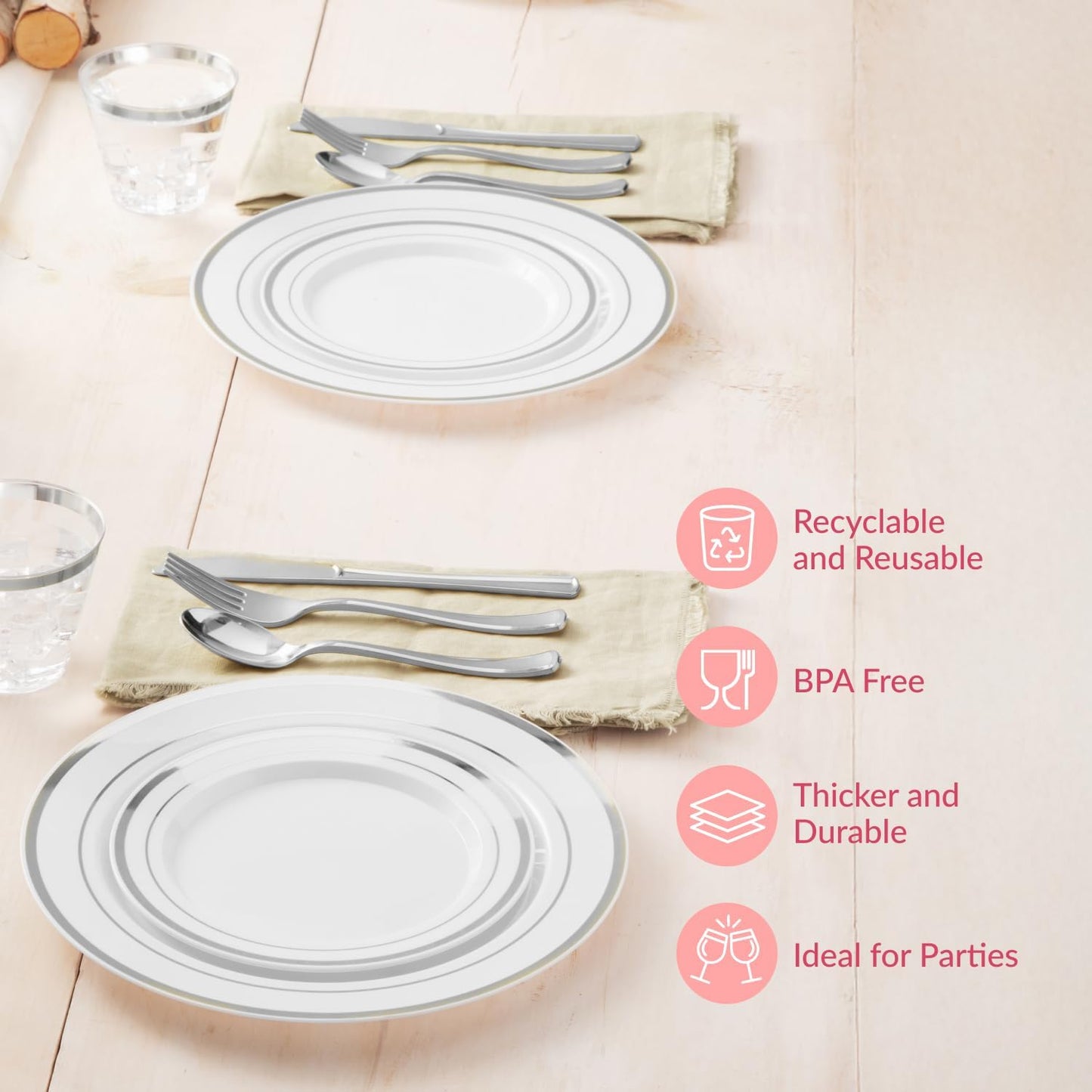 Prestee 600 Piece Dinnerware Set for 100 Guests - Elegant Disposable Silverware and Party Plates for Events - Includes Cutlery Set with 100 Dinner Plates, Salad Plate, Cups, Knives, Forks, and Spoons