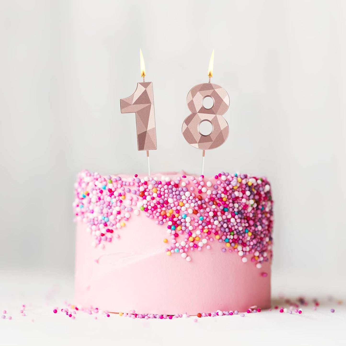 18th Birthday Candles, Rose Gold 3D Diamond Shape Number 18 Candles Happy Birthday Cake Topper Decoration for Wedding Decor Theme Party Anniversary, 2 Inch