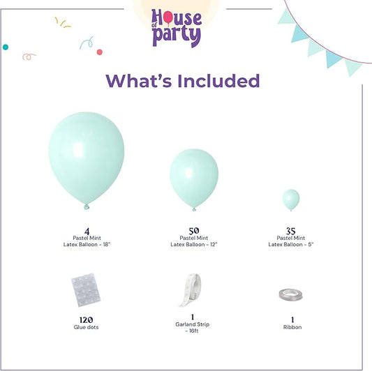 HOUSE OF PARTY Pastel Mint Balloon Garland - 90 Pcs | 5/12/18 Inch Mint Green Easter Balloons | Light Mint Balloons for Graduation Party, Birthday and valentines day party decorations