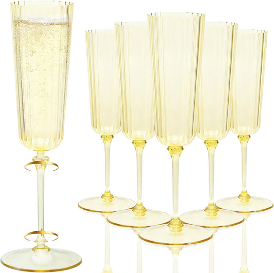 24 Pack Golden Champagne Flutes Plastic, Stripe Detachable Acrylic Champagne Glasses, Disposable Cocktail Drinking Cups, Reusable Wine Flutes, Cocktail Toasting Glasses for Wedding, Party