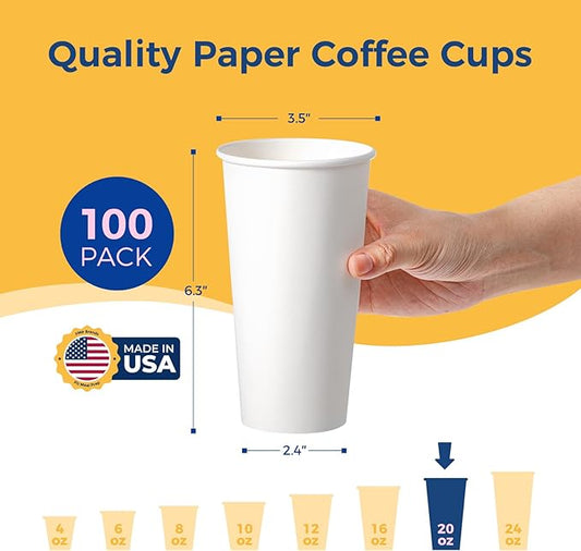 Fit Meal Prep 100 Pack 20 oz Disposable Paper Coffee Cups, Premium Hot Cups for Hot/Cold Beverage, Durable Thickened White Paper Cup Bulk for Party, Office, Bussines, Cafes, Bistros, Daily Use