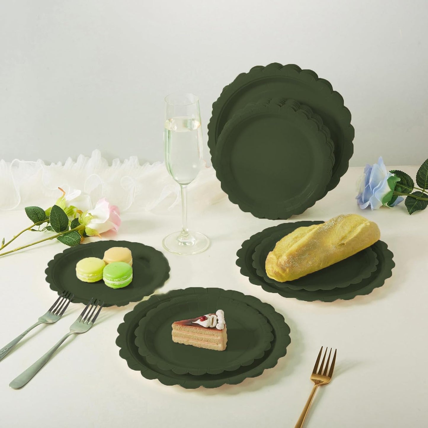 BEFORYOU 50PCS Scalloped Disposable Paper Plates 9IN Dessert Cake Party Plates for Baby Shower, Wedding,Bridal Shower Birthday Party Supplies (Olive-Green, 7IN and 9IN)