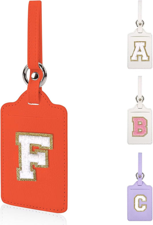 Personalized Initial Luggage Tags for Suitcases, Leather Chenille Letter Cute Luggage Tags with Privacy Name Card, Embroidered Travel Bag Backpack Tags Gifts for Women Kids Girls Teens(Orange-F)