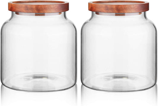 Labina Glass Storage Container Airtight Food Jars Kitchen Canister with Wood Lids, 54 Oz (1600ml) Wide Mouth Pantry Organization Glass Jar for Flour, Sugar, Cookie, Spagetti, Nuts and Candy (2 Pack)