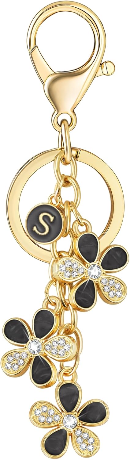 XGALBLA Cute Flower Crystals Rhinestone Initial Letter Keychain for Women, Bag Charms Bling Sparkly Enameled Keychain Handbag
