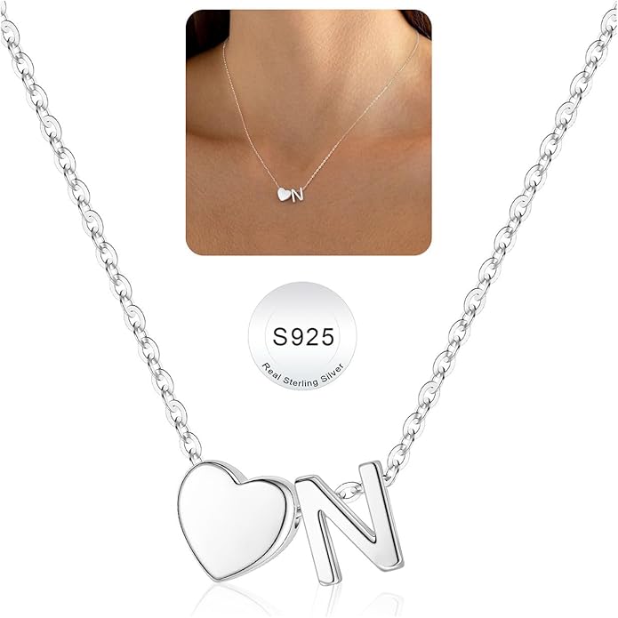 Turandoss Valentines Gifts for Her Kids Girls, Dainty S925 Sterling Silver Tiny Heart Letter A-Z Pendent Necklace Trendy Birthday Valentines Jewelry Gifts for Girls Women