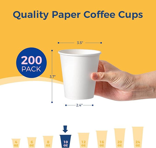 Fit Meal Prep 200 Pack 10 oz Disposable Paper Coffee Cups, Premium White Hot Cups for Hot/Cold Beverage, Durable Thickened Paper Cup Bulk for Party, Office, Bussines, Home, Bistros, Daily Use