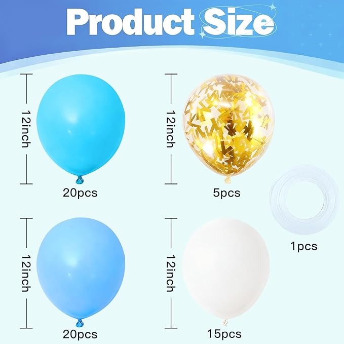 Blue and White Balloons - 60PCS 12 Inch Pearl White,Baby Blue,Linght Blue,Gold Confetti Balloons for Wedding, Birthday, Baby Shower Party Decor