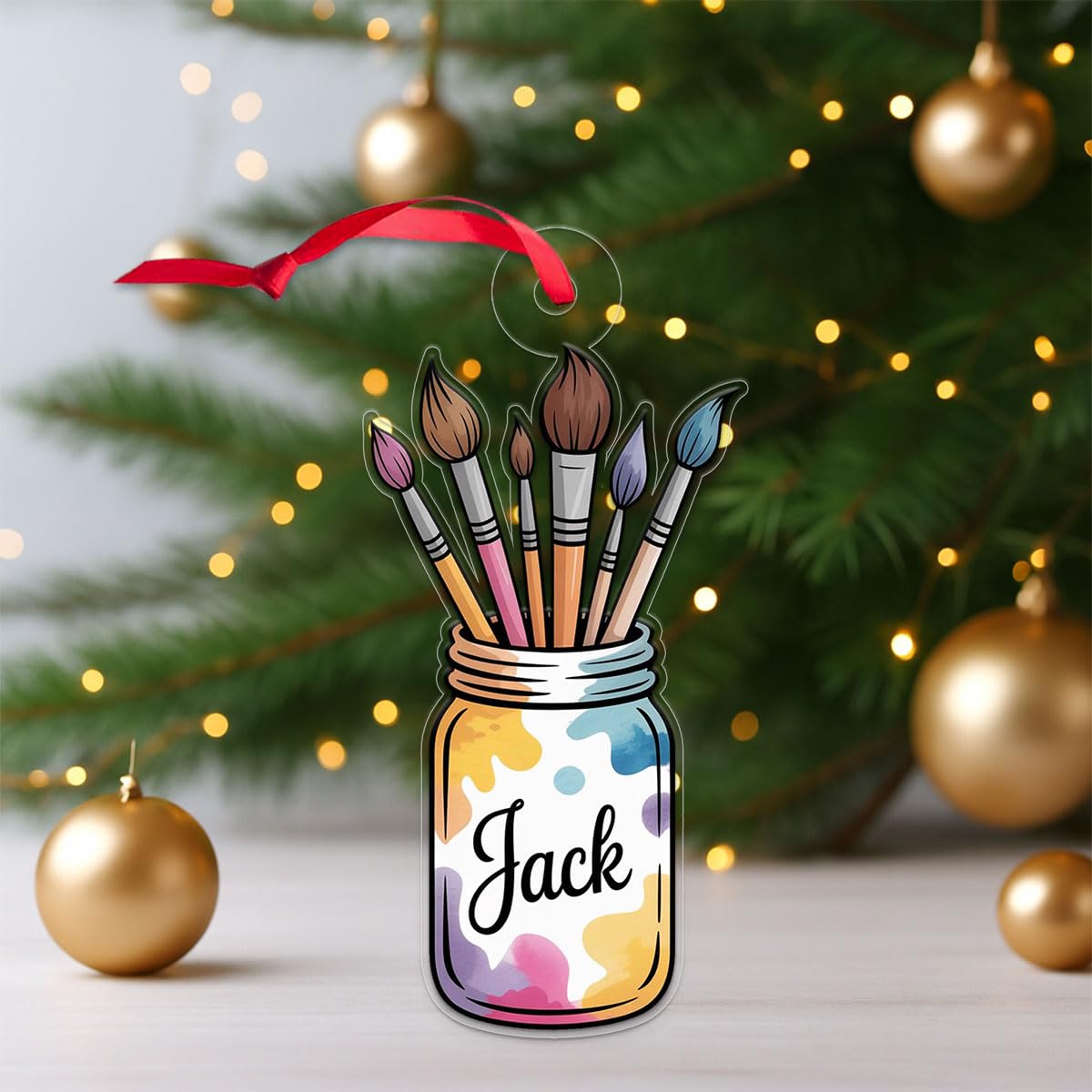 Personalized Jar of Paint Brushes Ornament, Custom Painter Christmas Ornament, Artistic Holiday Gift, Creative Keepsake for Artists Acrylic Ornament – Personalized Christmas Tree