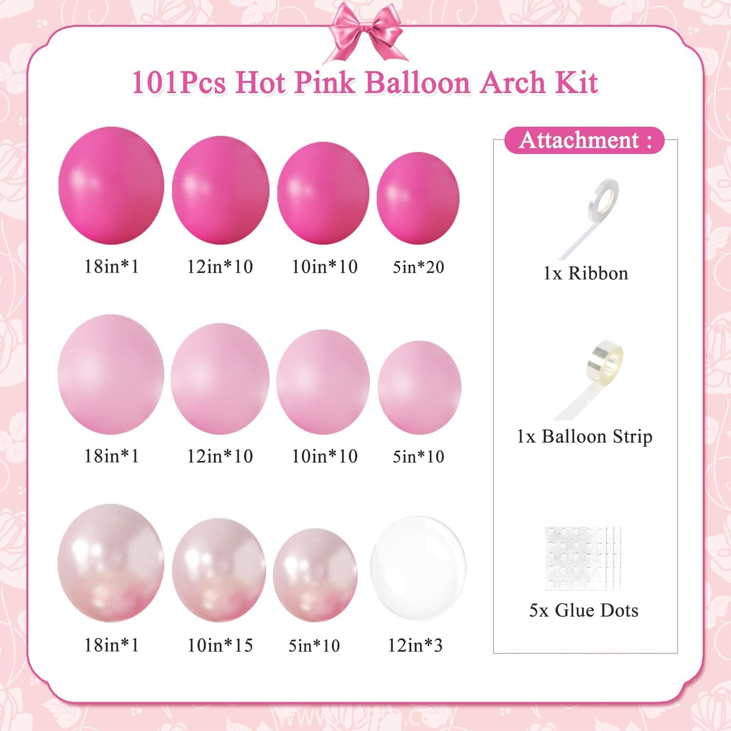 Hot Pink Balloon Arch Kit 101Pcs Double Stuffed Pearl Pink Light Pink Clear Balloon Different Size for Princess Wedding Birthday Baby Shower Bachelorette Party Decorations