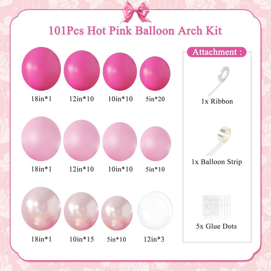 Hot Pink Balloon Arch Kit 101Pcs Double Stuffed Pearl Pink Light Pink Clear Balloon Different Size for Princess Wedding Birthday Baby Shower Bachelorette Party Decorations