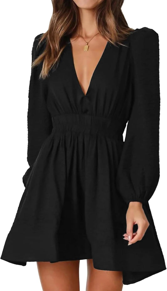 FAIABLE Mini Deep V Sexy Long Sleeve Dress for Women A-line High Waisted Casual Flowy Dress for Cocktail Wedding Guest