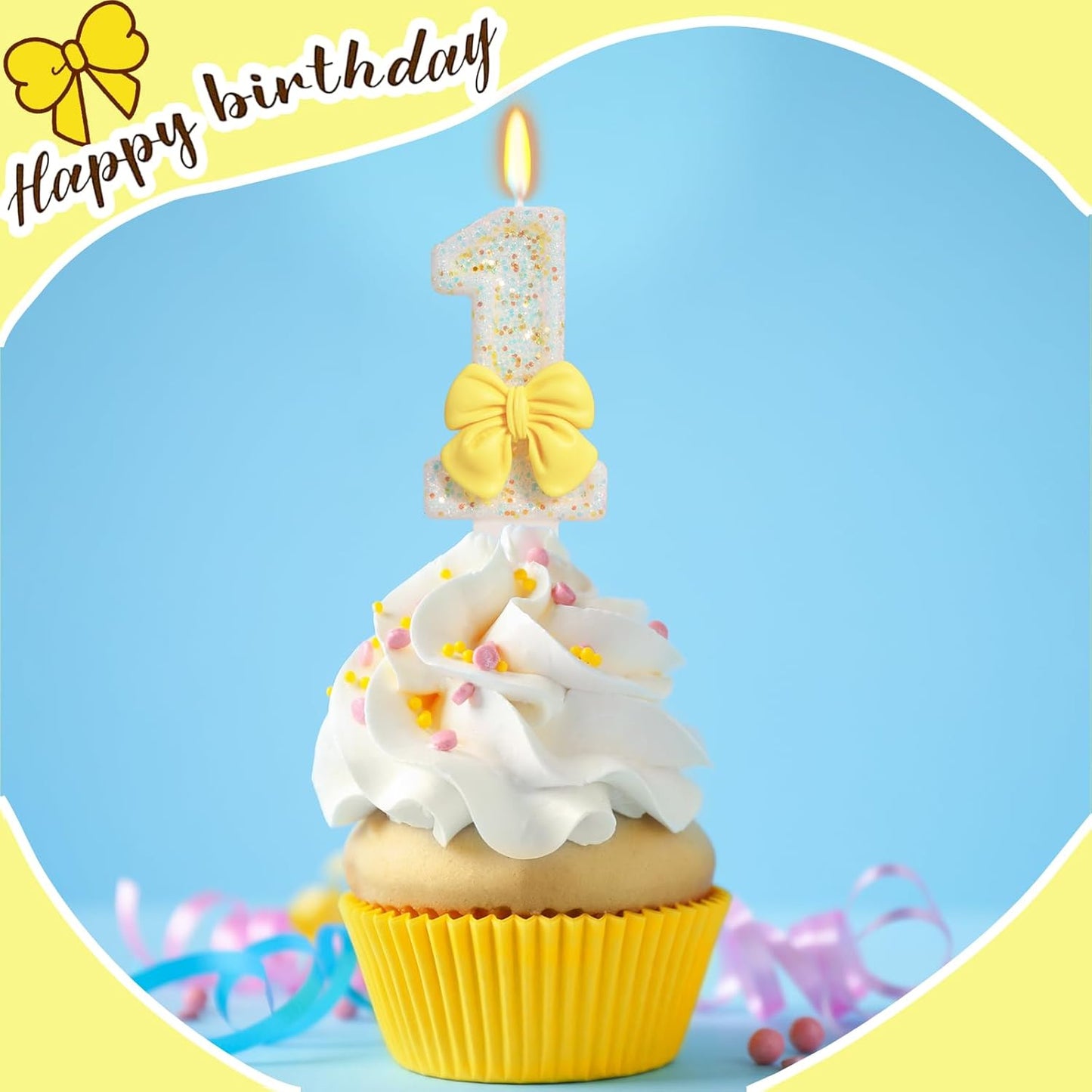 Birthday Candle for Cake, Yellow Bow Cake Candles, Cake Topper Decoration for Birthday Party (Number 1)