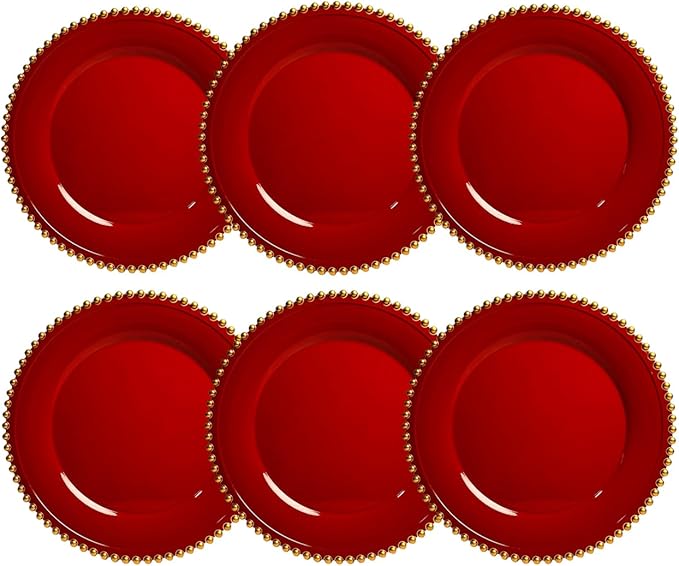 Red Charger Plates, 13 Inch Plastic Beaded Chargers for Dinner Plates, Party, Wedding, Birthday. Table Setting, (Set of 6)