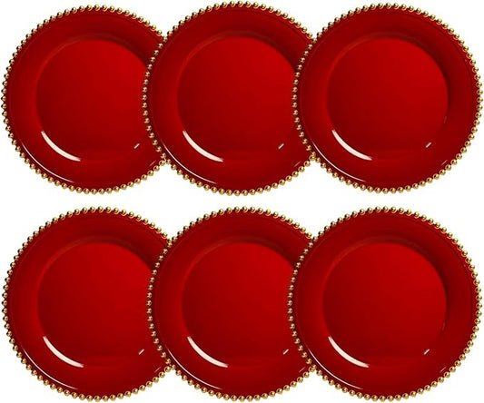 Red Charger Plates, 13 Inch Plastic Beaded Chargers for Dinner Plates, Party, Wedding, Birthday. Table Setting, (Set of 6)