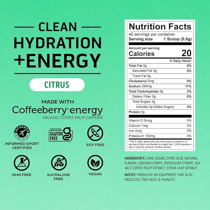 Ascent Clean Hydration + Energy Electrolytes Powder - 100mg Caffeine, 400mg Electrolytes, No Artificial Ingredients, Citrus 40 Servings