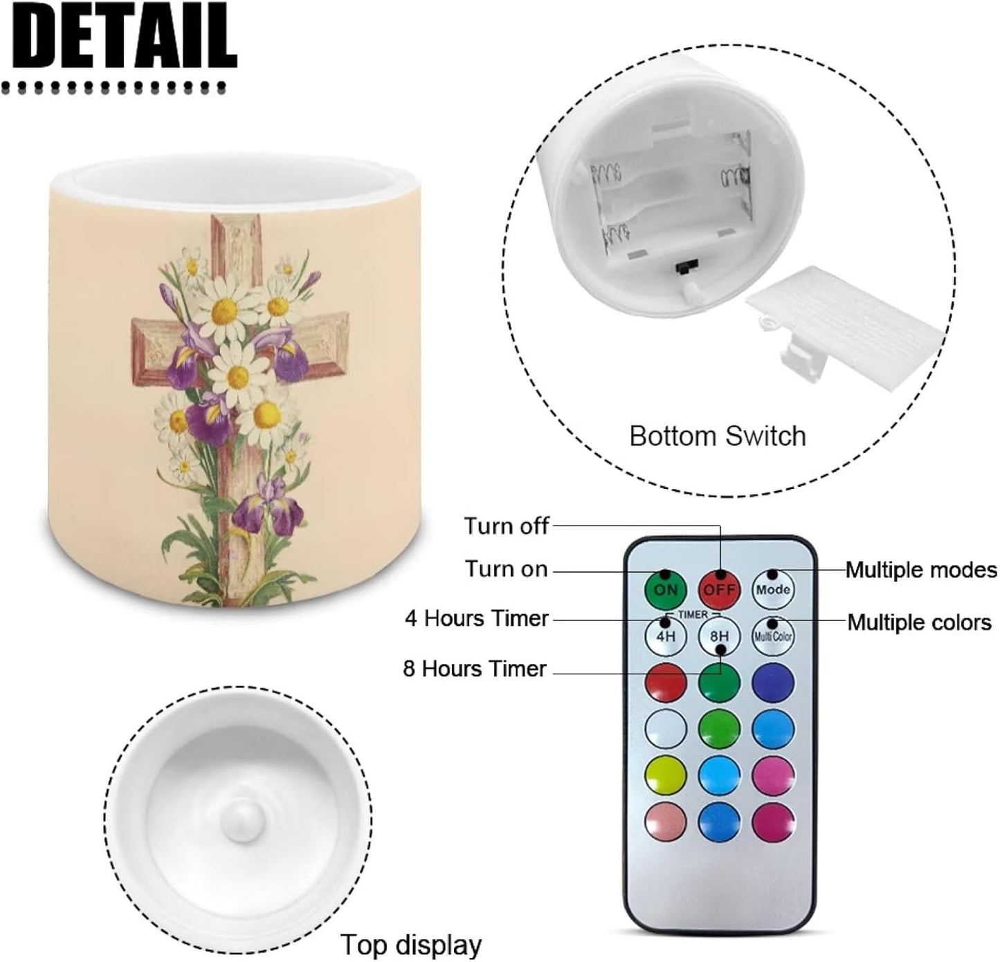 Poceacles 4 Pack Flameless LED Candles with Remote Timer, Multi-Color Battery Powered Flameless Tealights for Living Room Bedroom Home Decor, Cross Daisy Violet Flower Beige