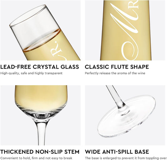 Mr. & Mrs. Champagne Flute Set - Elegant His and Hers Wedding Toasting Glasses for Celebrations, Bridal Shower Wedding Registry Gifts, Tall Wine Glasses for Bride and Groom