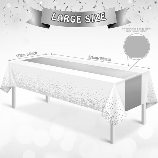 3Pcs White and Silver Tablecloth Party Decorations,Plastic White Table Cloth Printed Silver Runner Disposable Rectangle Table Cover for Birthday Wedding Anniversary Graduation Party,54 x108 Inch