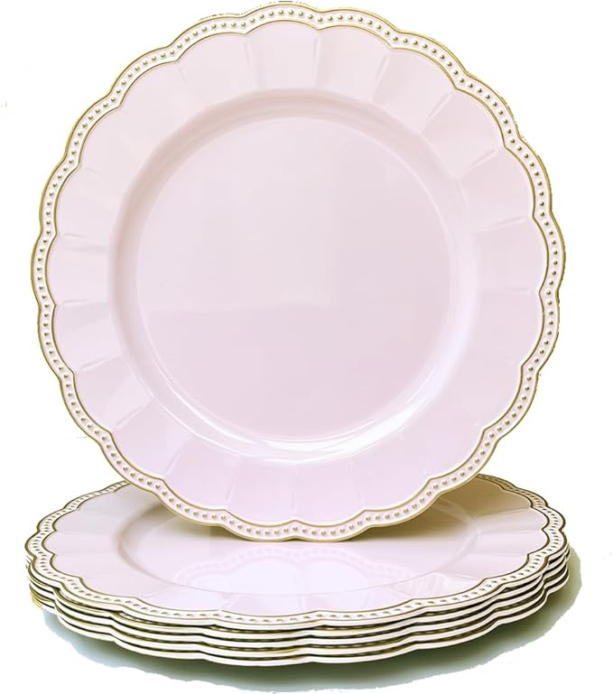Pink Round Charger Plates,13 Inch Metallic Chargers for Dinner Plates, Gold Bead Rim Plastic Chargers For Dining, Wedding, Party, Shower. 6 Pack Decorative Holiday Tabletop Decor