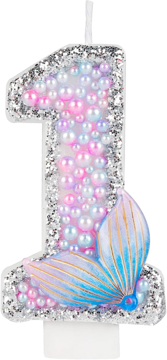 Girls' Glitter Mermaid Tail Birthday Candles,Pink Pearls Mermaid Tail Cake Topper,Happy 1st Birthday Decor