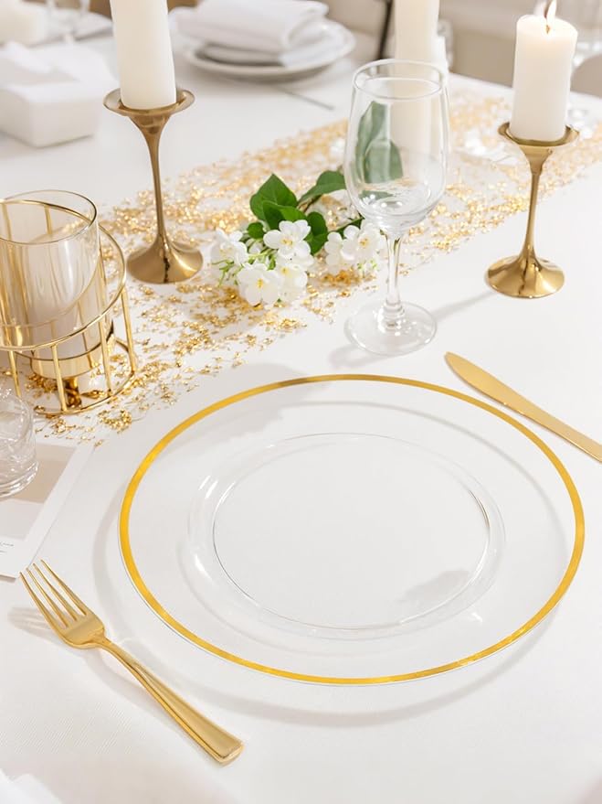 WDF 25Pack Gold Charger Plates - 12inch Clear Chargers with Gold Trim - Clear Plates Disposable for Wedding Baby Shower Spring Birthday