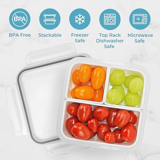 carrotez 3 Compartment Snack Container, Small Divided Food and Snack Container with Lids for Adults, Microwave Safe, BPA Free, Reusable, 2.4 Cup (570ml)