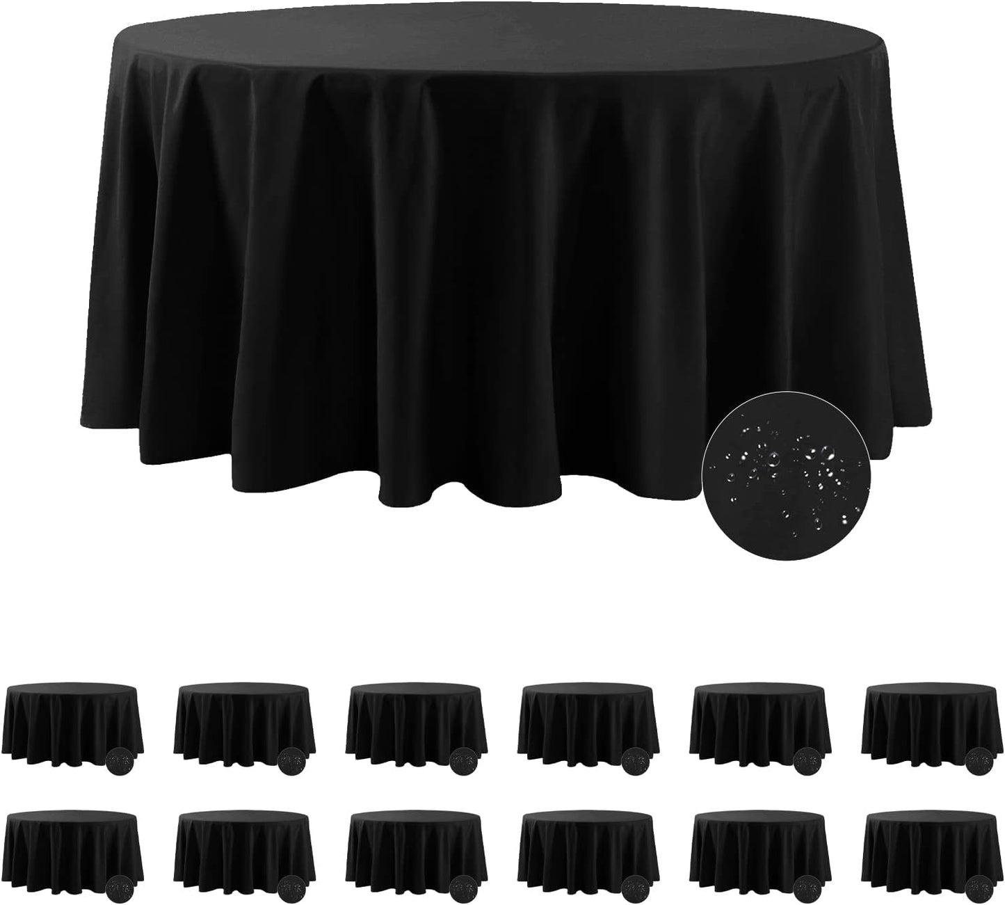 Fokitut 12 Pack Waterproof Round Tablecloth, 108 Inch, Stain Resistant and Wrinkle Polyester Table Cloth, Fabric Table Cover for Kitchen Dining, Wedding, Party, Holiday Dinner-Black