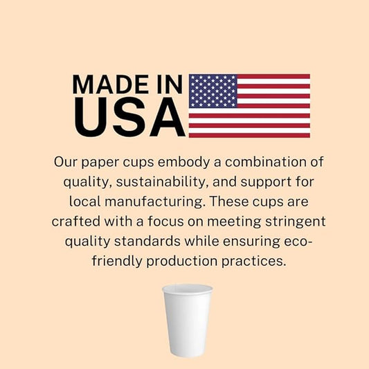 Made-In-USA 12 Ounce Disposable Hot Paper Cups, 1000 Count, 12oz | Coffee Cups, Leak-Free Food Safe Paper Cups, White Paper Cups for Hot Drinks (12 oz)