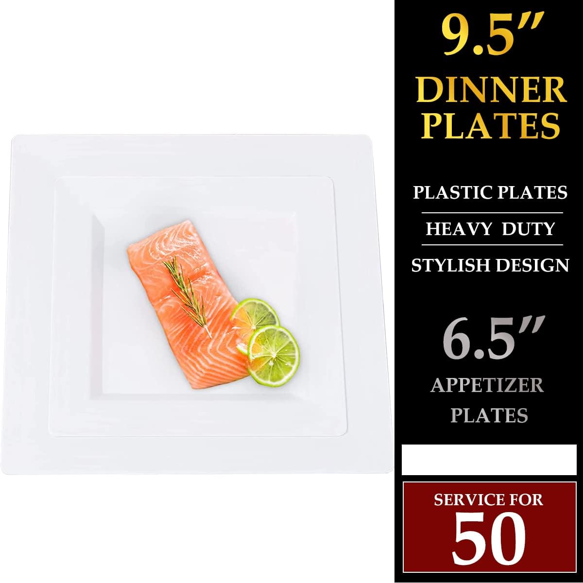 Disposable Square Plastic Plates - 100 Pack - 50 x 9.5 Dinner and 50 x 6.5 Salad Combo Plate - Premium Heavy Duty - Fancy and perfect for a Party, Wedding, or Birthday