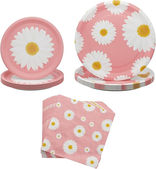 Blue Orchards Daisy Party Plates and Napkins (52 pieces for 16 Guests) - Boho Decorations, Baby Shower, Sunny and Floral Party Supplies, Theme Birthday