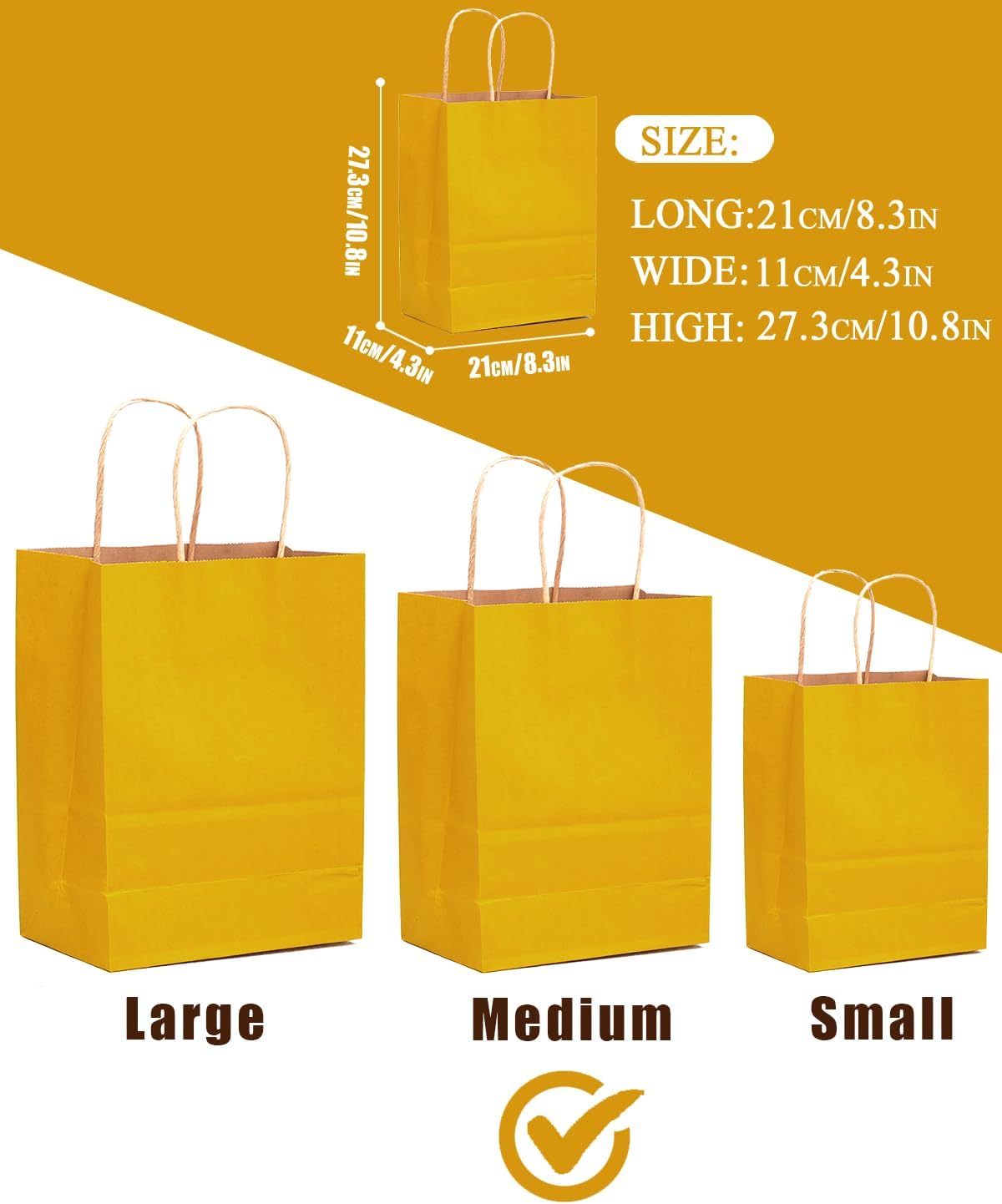 qiqee 100PCS Gift Bag with Handles Bulk Bright Yellow Paper Bags Multiple Uses (11"x5"x8" Medium Size)