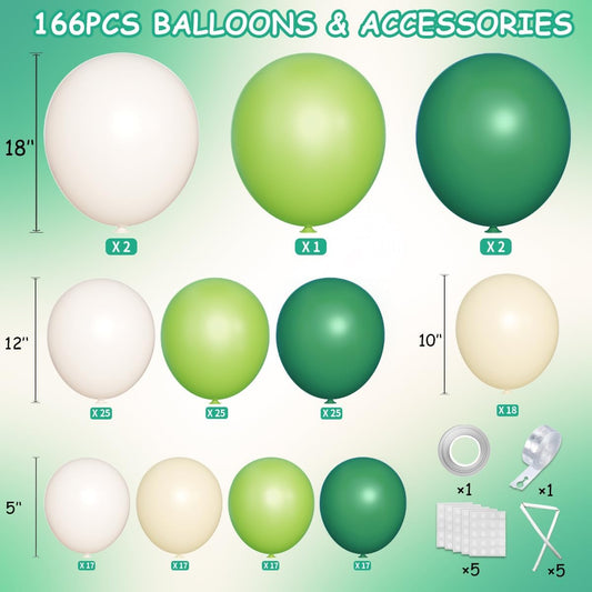 Dusty Green White Balloon Arch Garland Kit, 166Pcs Dark Mint Green Ivory White Balloons for Birthday Baby Shower Anniversary Jungle Safari Party Decorations