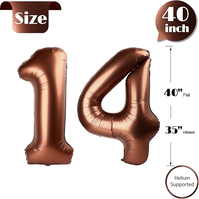 Dark Brown Number 14 Balloon 40 inch, Coffee Brown 14 Number Balloons, 14th Birthday Decorations, Chocolate 14 Year Old Girls Boys Party Supplies