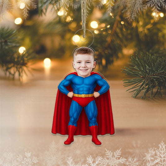Custom Photo Baby Boy Superman Ornament, Personalized Superhero Christmas Ornament, Baby’s First Christmas Gift Acrylic Ornament – Personalized Christmas Tree Decoration, Custom