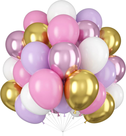 Balloons Purple Pink White Gold Balloon 60pcs 12inch Pastel Purple Pink Latex Balloons Lavender Lilac Balloon for Butterfly Birthday Princess Theme Party Decoration Bridal Baby Shower Bachelorette